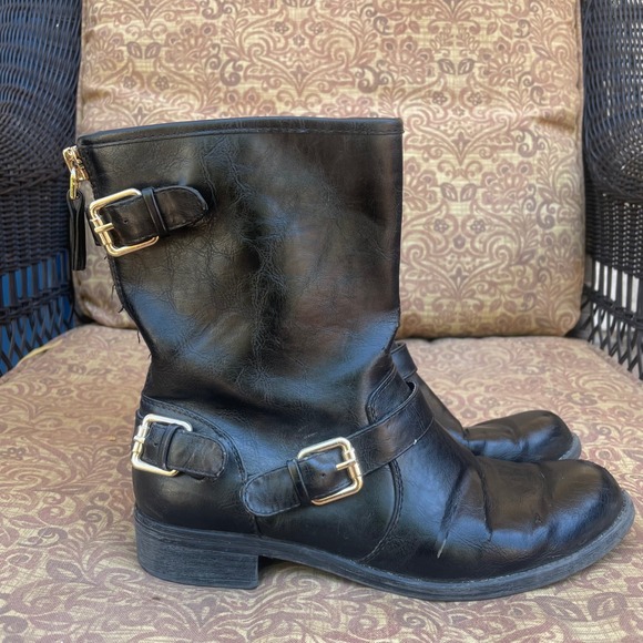 Unisa Shoes - Women Boots Sz 9 Moto Combat Buckle Harness Biker Mid Calf Engineer Black Chunky